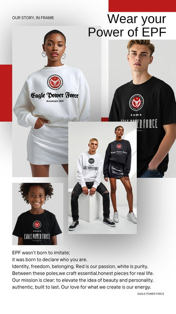 Collage of woman, man and youth wearing Eagle Power Force apparel in red-white palette; brand logo and “Wear the Power of EPF” headline.