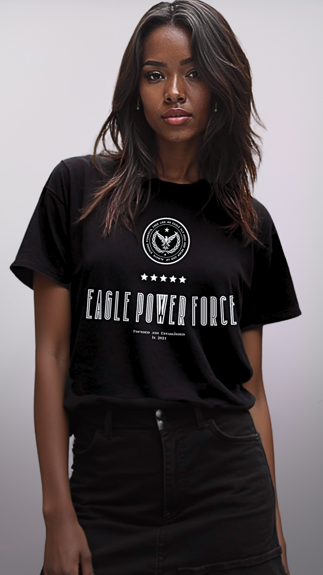 Girl wearing a black t-shirt with 'Eagle Power Force'