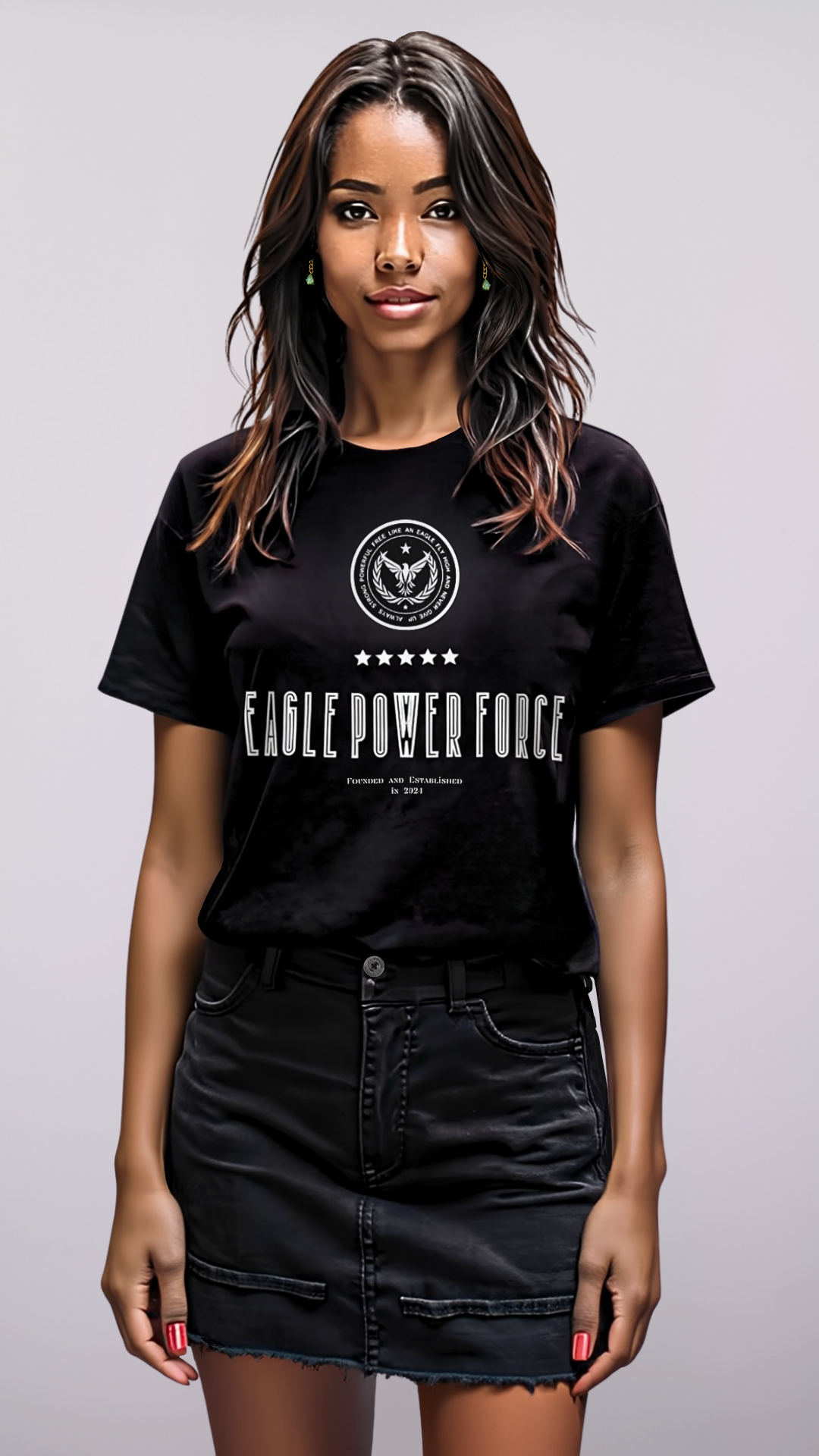Girl wearing a black Tee Eagle Power Force'
