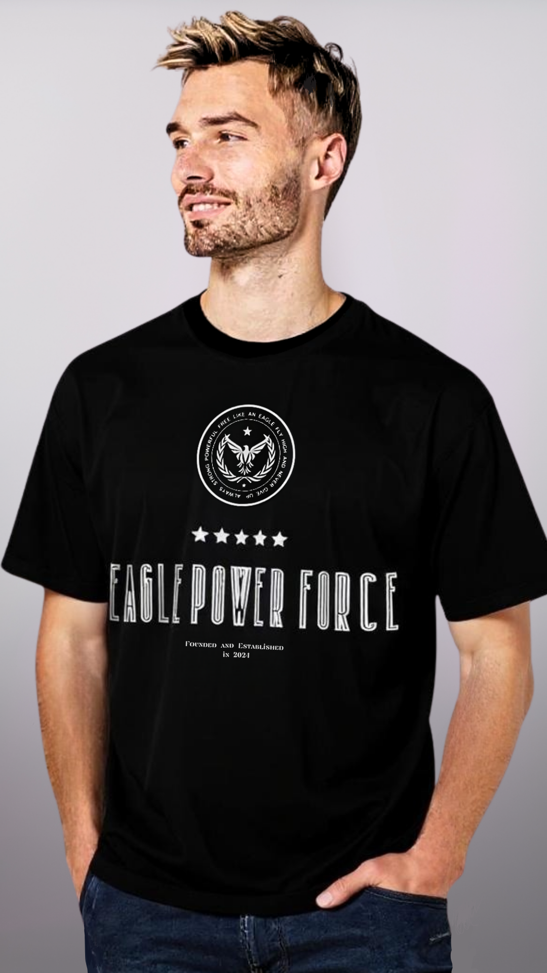 Man wearing a black t-shirt  'Eagle Power Force'