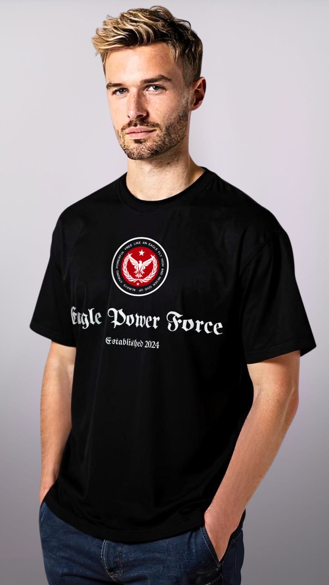 Man black t-shirt with 'Eagle Power Force'