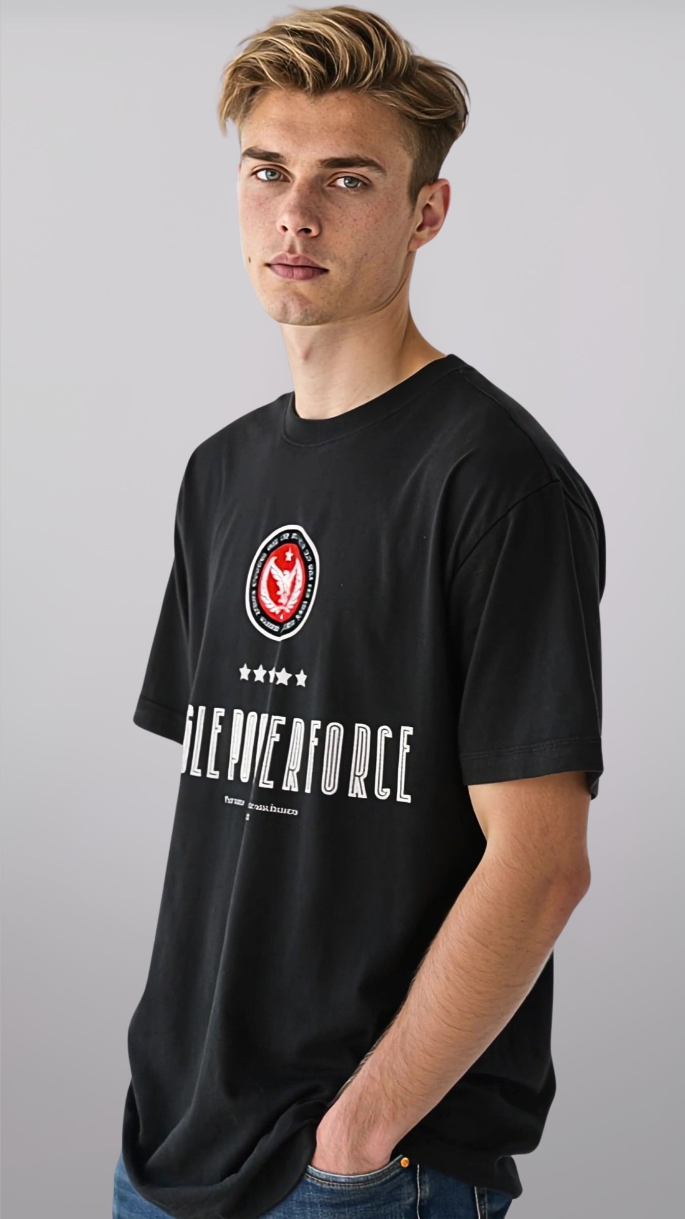 Boy wearing a black t-shirt with a logo and text on a gray background
