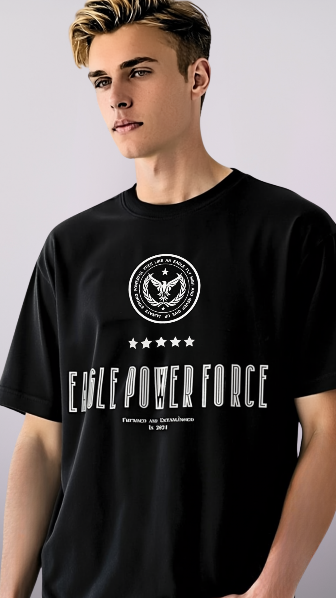 Boy's wearing a black t-shirt'Eagle Power Force' 