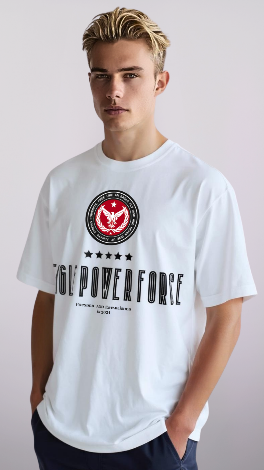 Three-quarter view – Eagle Power Force Boys’ white casual streetwear T-shirt EPF Edition R