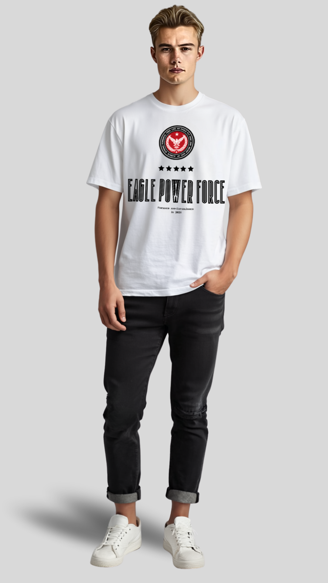Full body view – Eagle Power Force Boys’ white casual streetwear T-shirt EPF Edition R