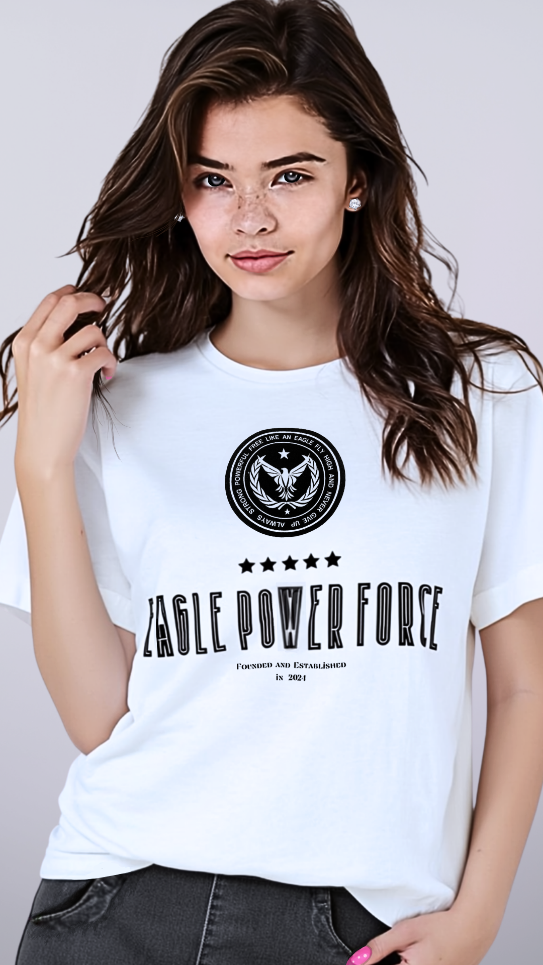 “Close-up logo detail – Eagle Power Force EPF white graphic tee”
