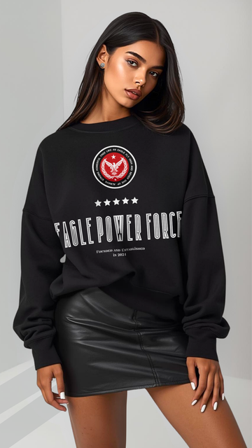 Girl wearing a black sweatshirt 'Eagle Power Force' 