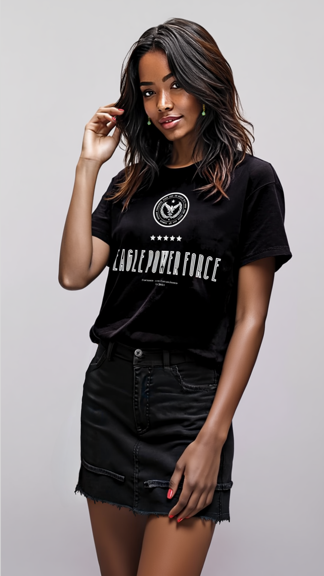 Girl wearing a black Tee Eagle Power Force'