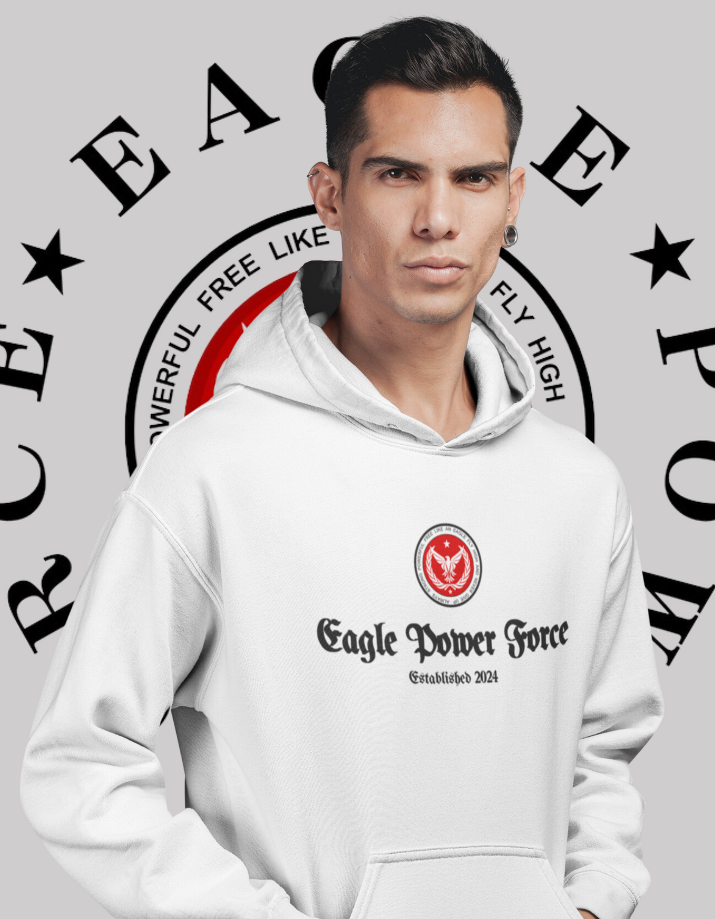 Eagle Power Force Man Hoodie white Softstyle Fleece front logo