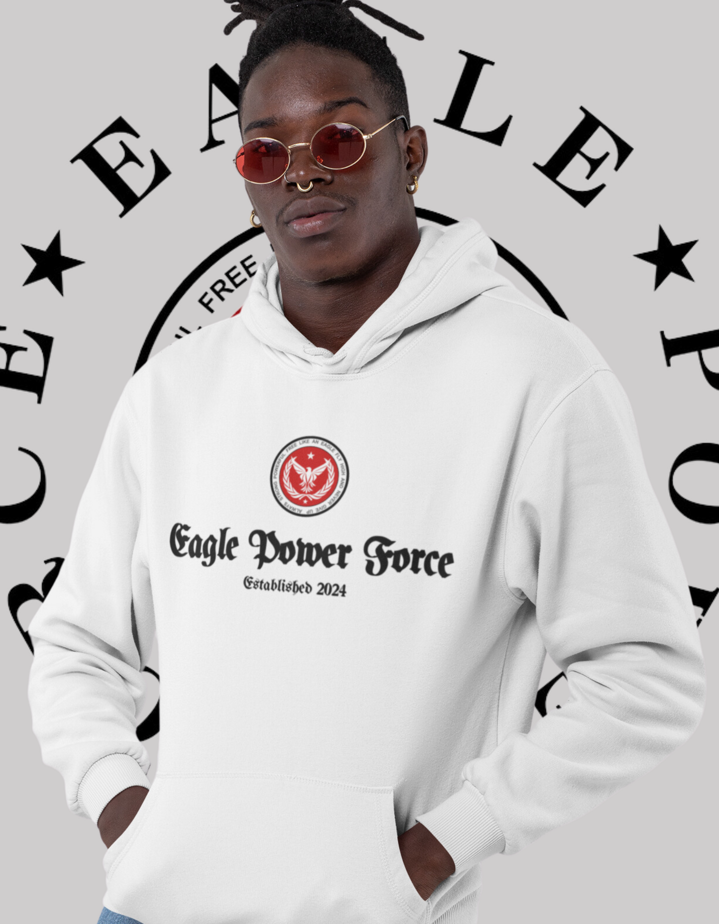 Eagle Power Force Man Hoodie white Softstyle Fleece front logo