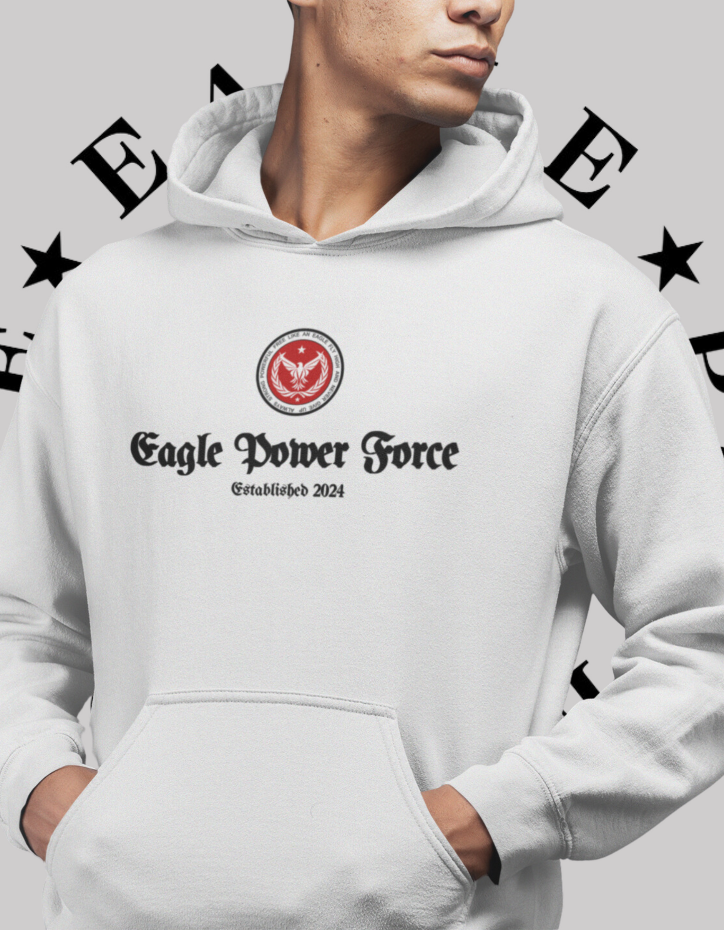 Eagle Power Force Man Hoodie white Softstyle Fleece front logo