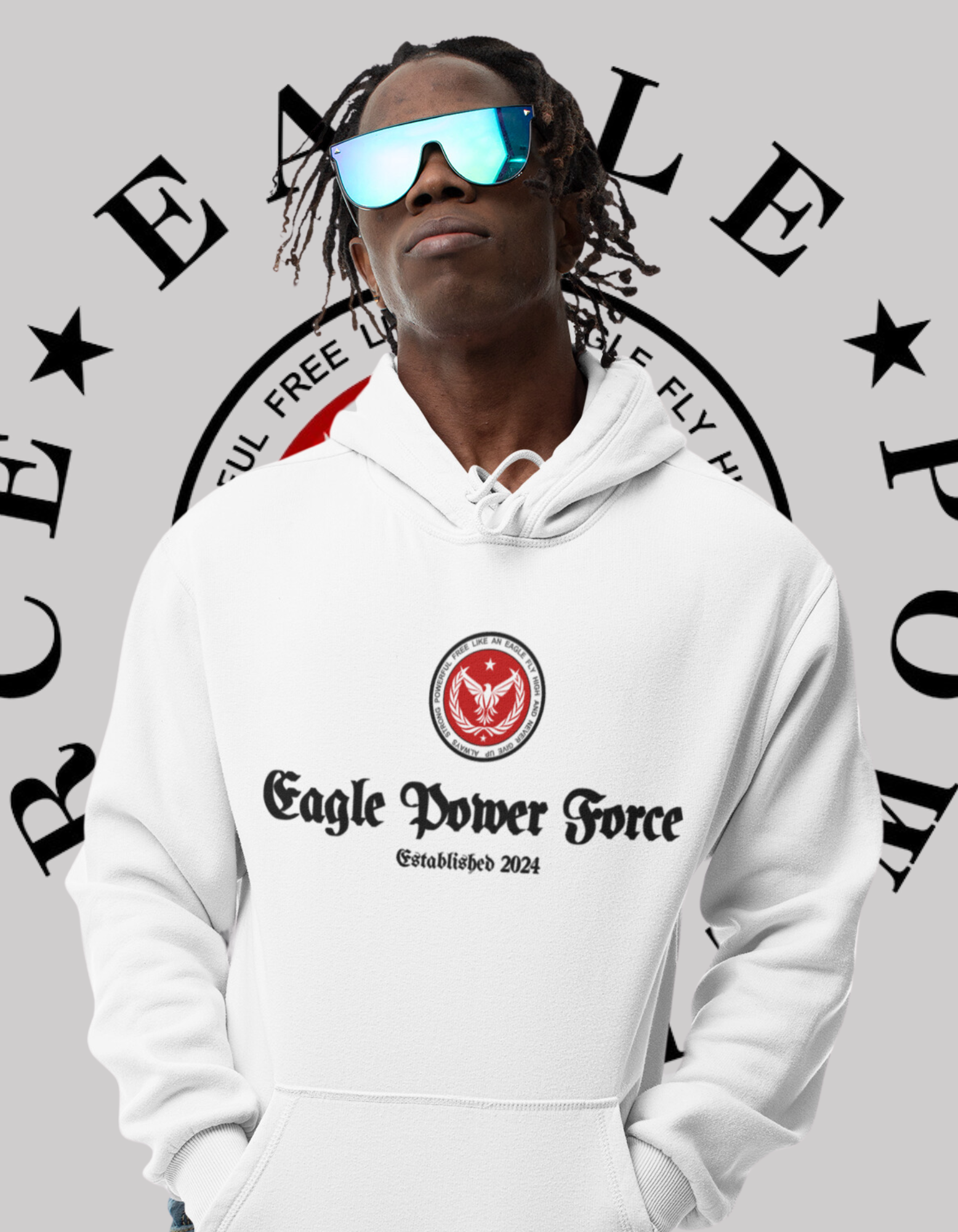 Eagle Power Force Man Hoodie white Softstyle Fleece front logo