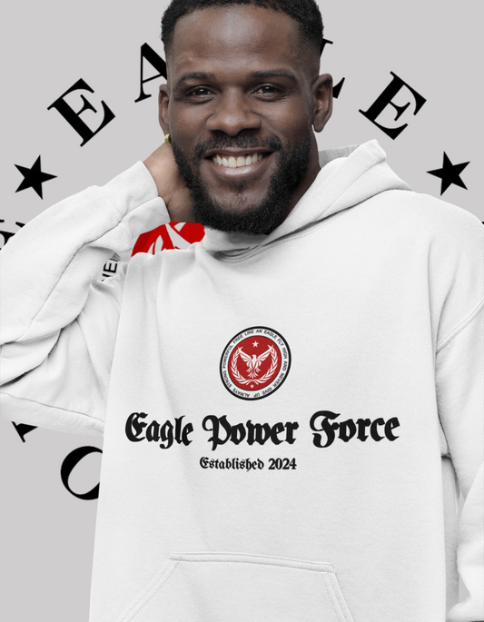 Eagle Power Force Man Hoodie white Softstyle Fleece front logo