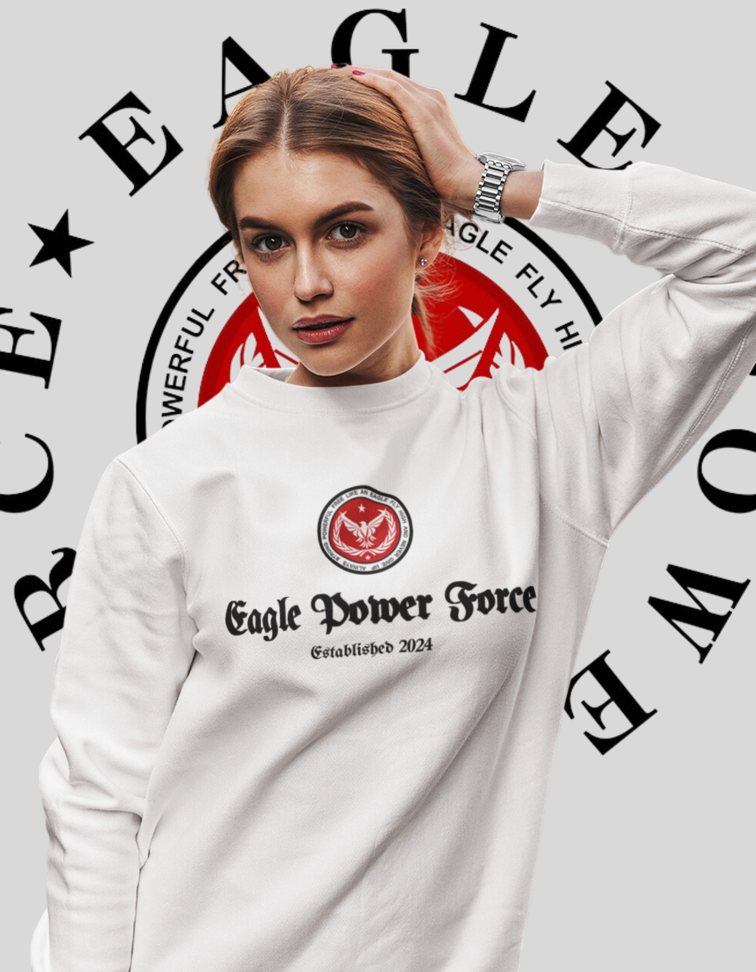 Eagle Power Force Youth Crewneck Sweatshirt White front logo