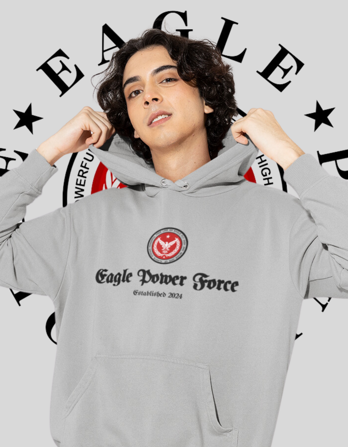 Eagle Power Force Youth Heavy Blend Hooded Gray front logo