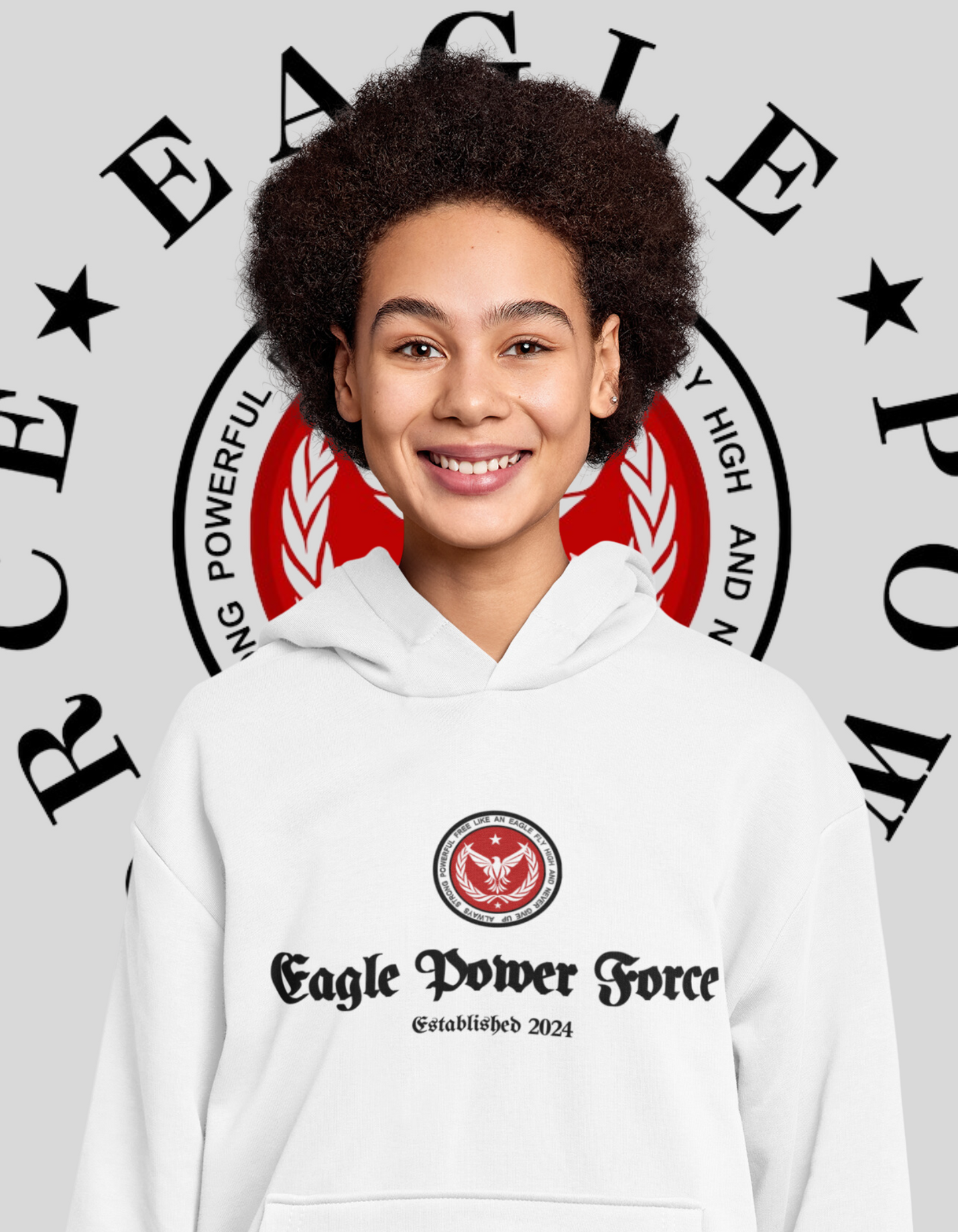 Eagle Power Force Youth, Heavy White Blend Hooded front logo