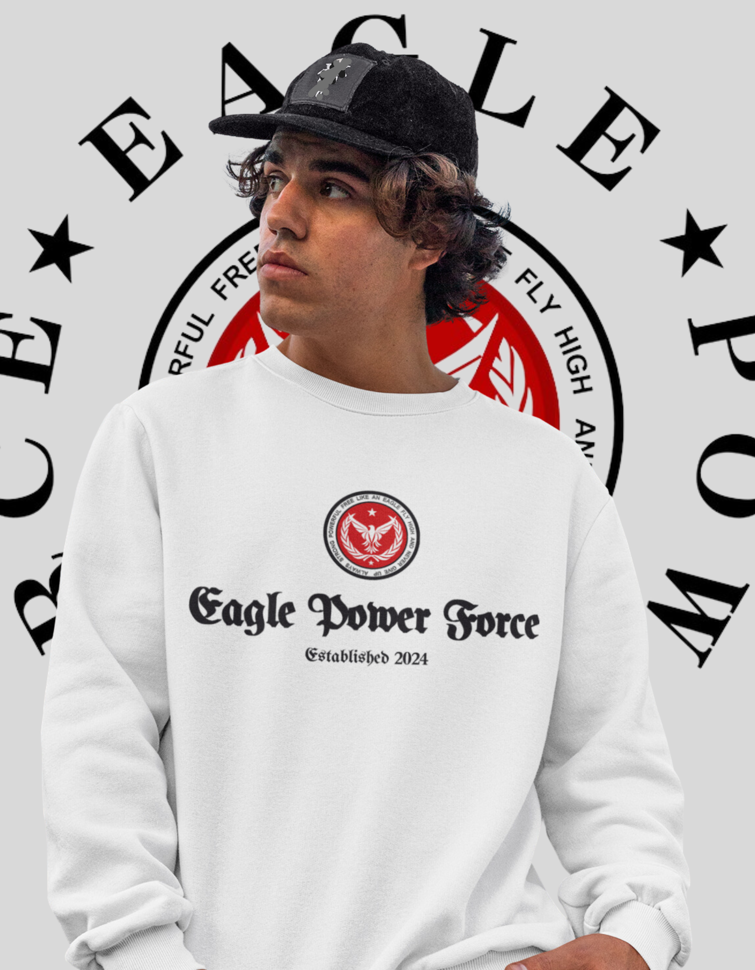 Eagle Power Force Youth White Crewneck Sweatshirt front logo