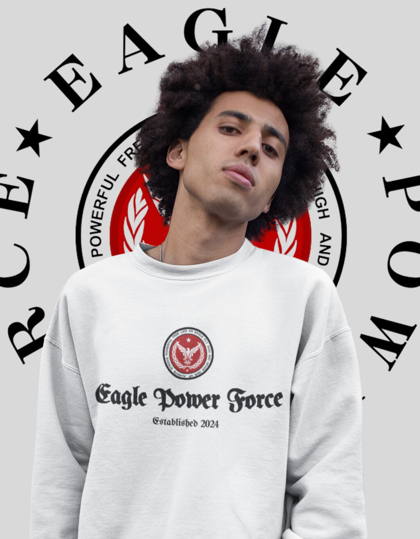 Eagle Power Force Youth White Crewneck Sweatshirt front logo