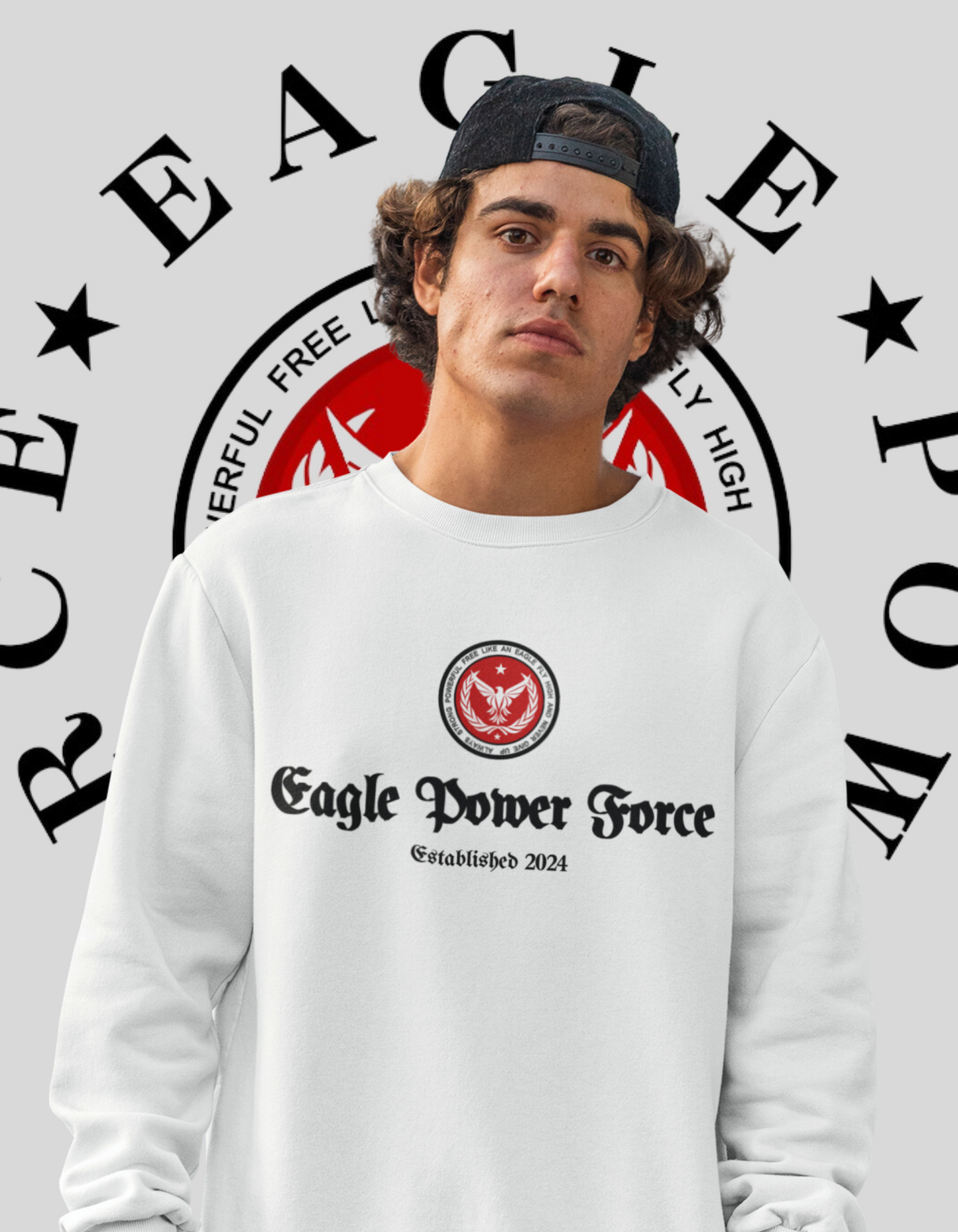 Eagle Power Force Youth White Crewneck Sweatshirt front logo