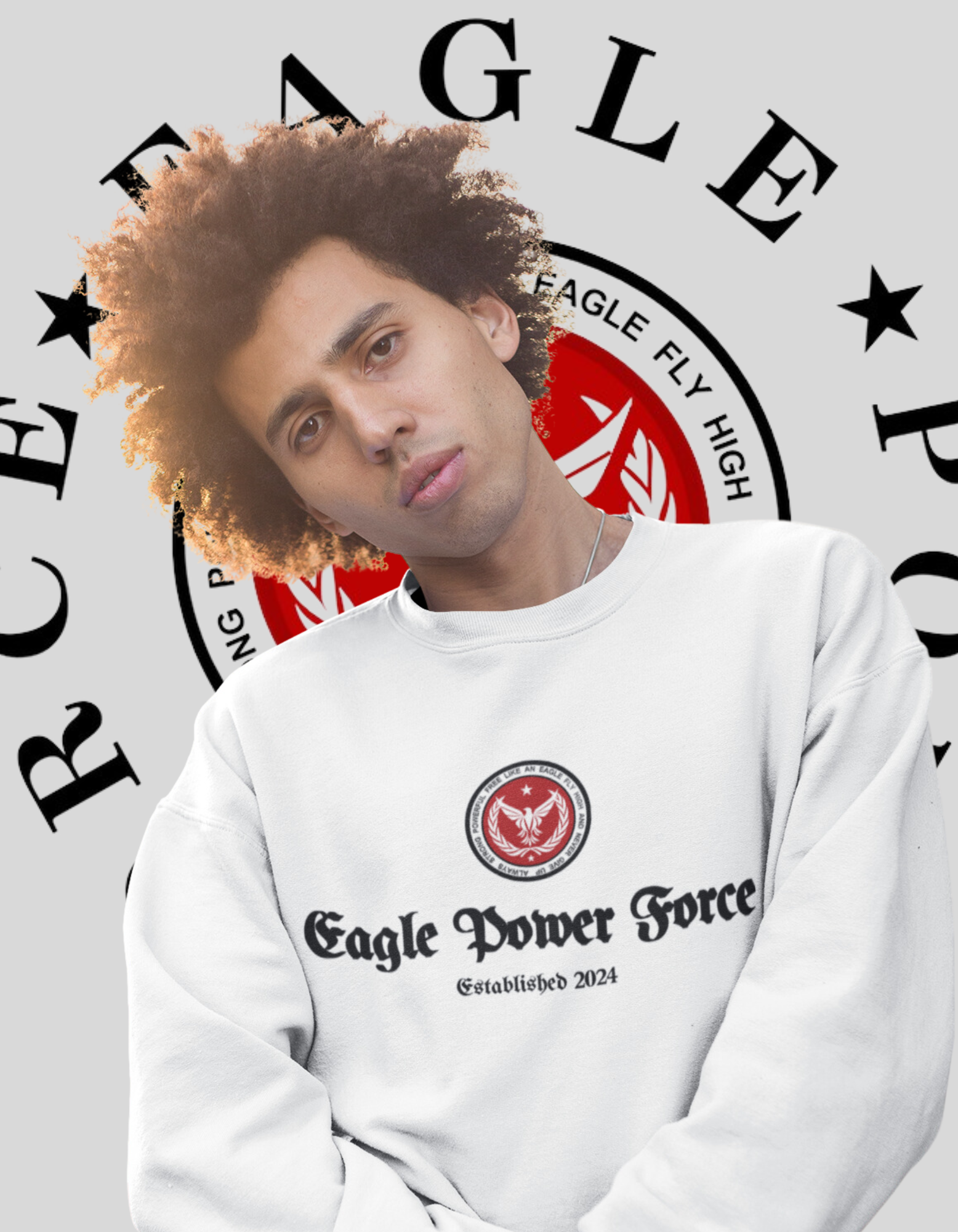 Eagle Power Force Youth White Crewneck Sweatshirt front logo