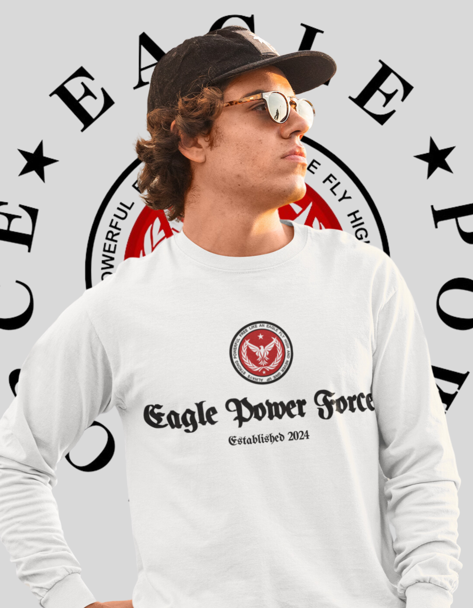 Eagle Power Force Youth White Crewneck Sweatshirt front logo