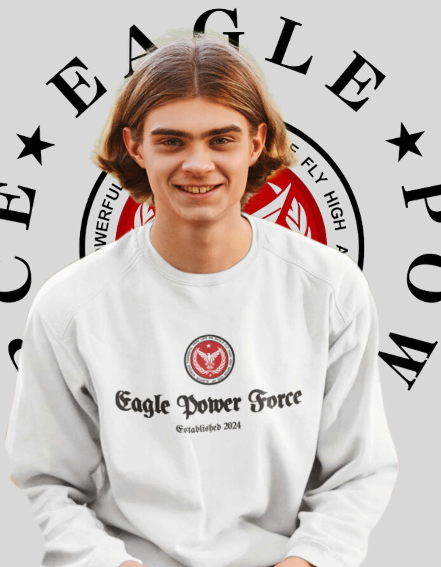 Eagle Power Force Youth White Crewneck Sweatshirt front logo