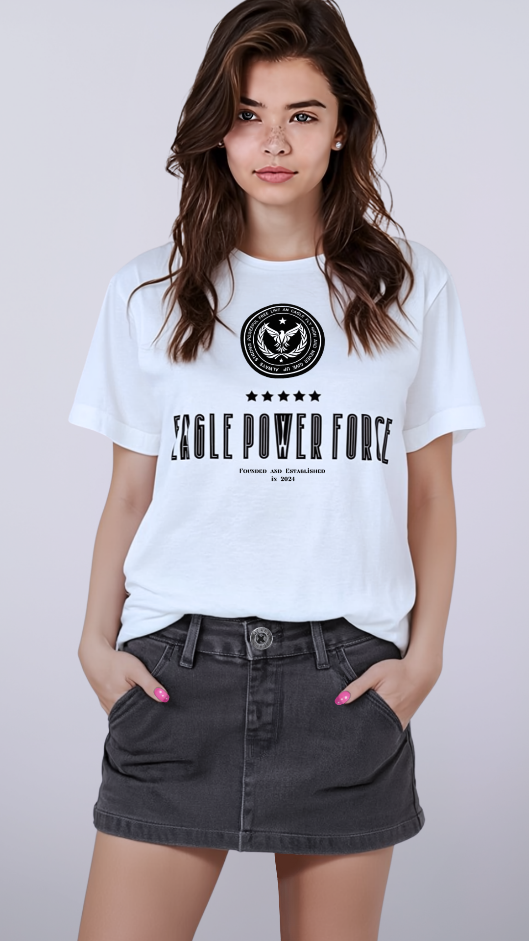 Girl wearing a white casual t-shirt 'Eagle Power Force