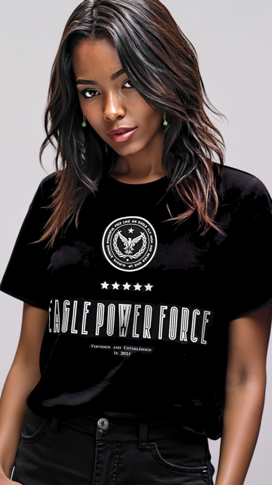 Girl wearing a black t-shirt 'Eagle Power Force'
