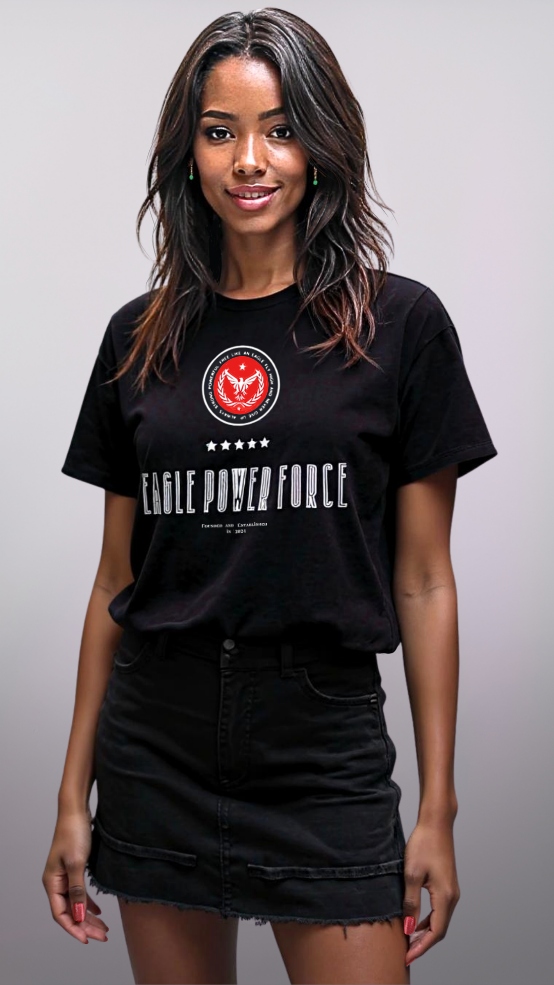 Girl wearing a black t-shirt with 'Eagle Power Force'