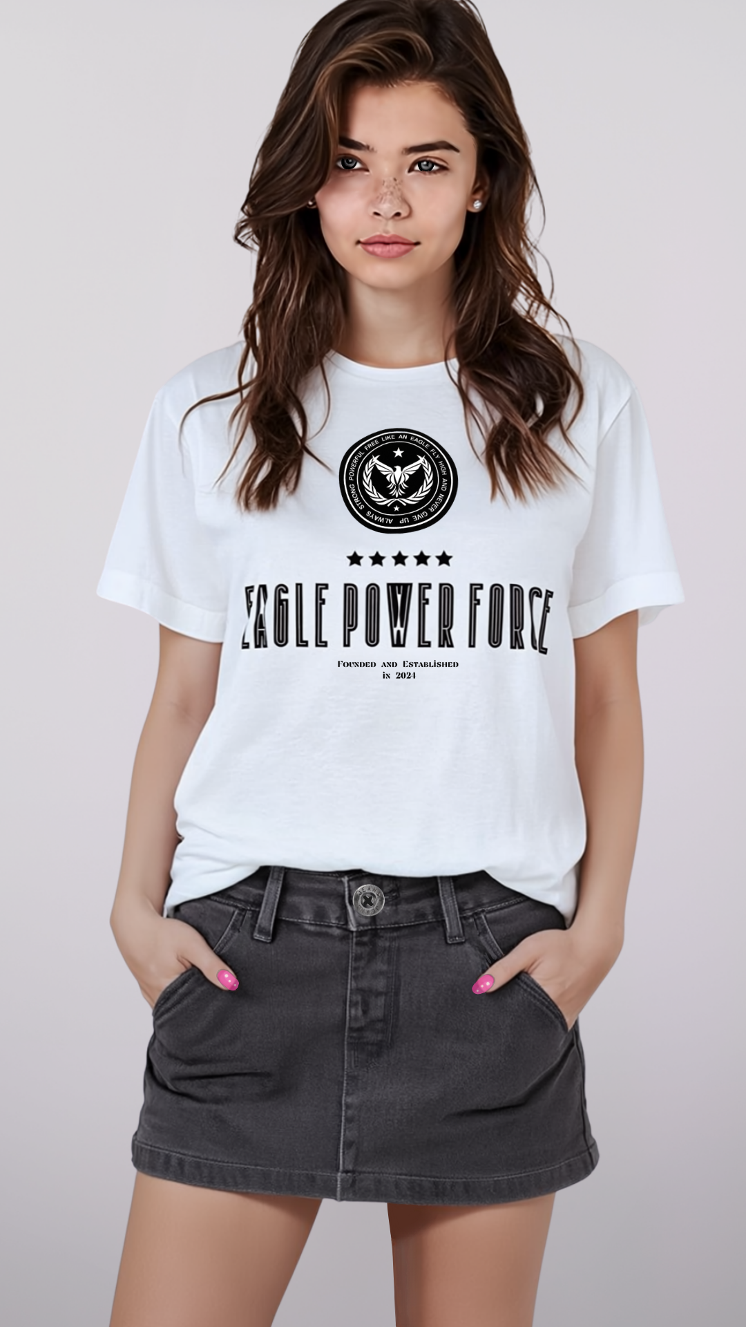 Girl wearing a white tee 'Eagle Power Force' 