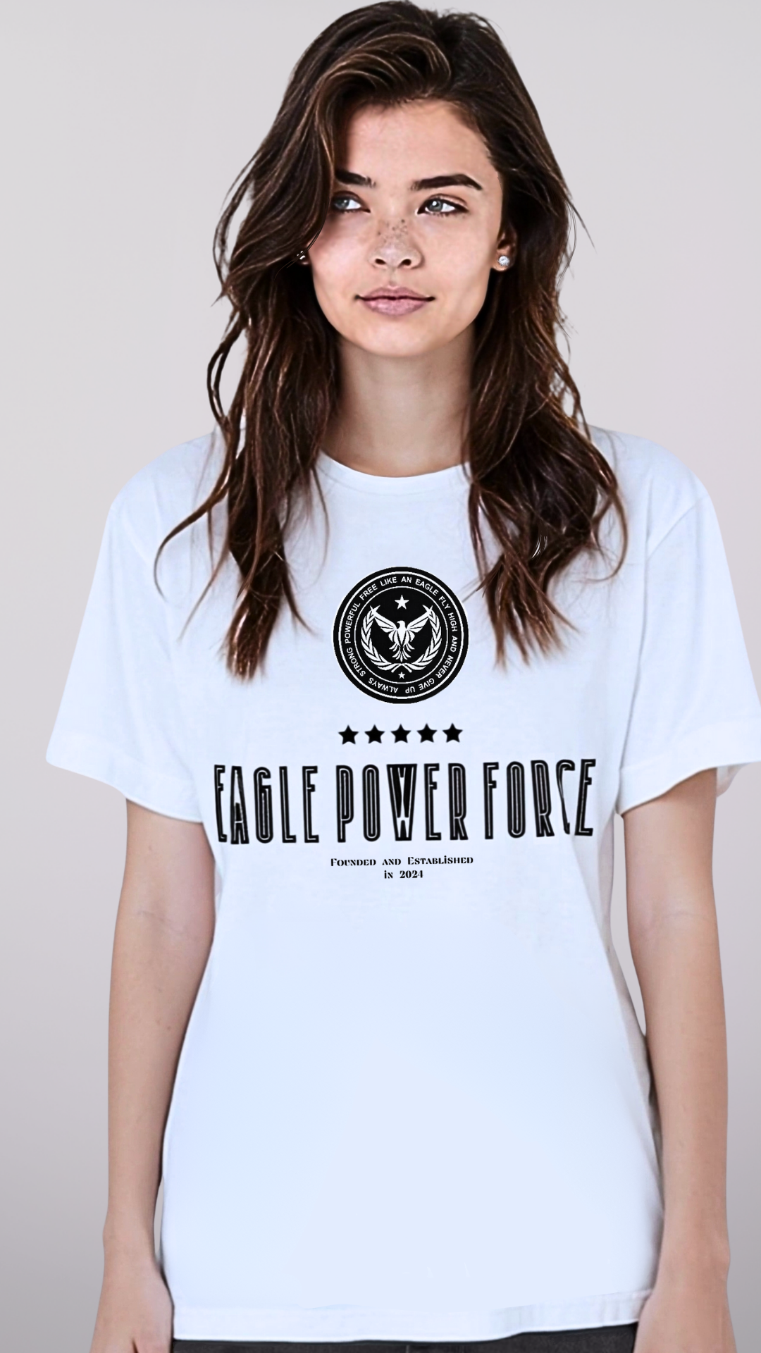 Girl wearing a white tee 'Eagle Power Force' 