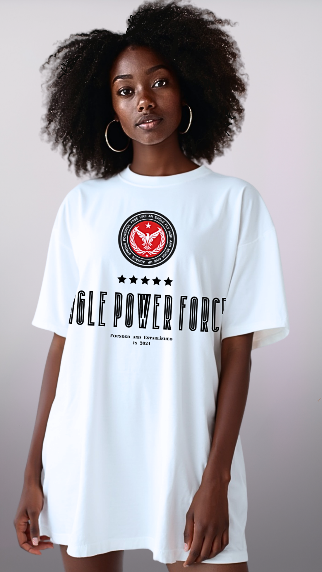Girl wearing a white t-shirt with 'Eagle Power Force'
