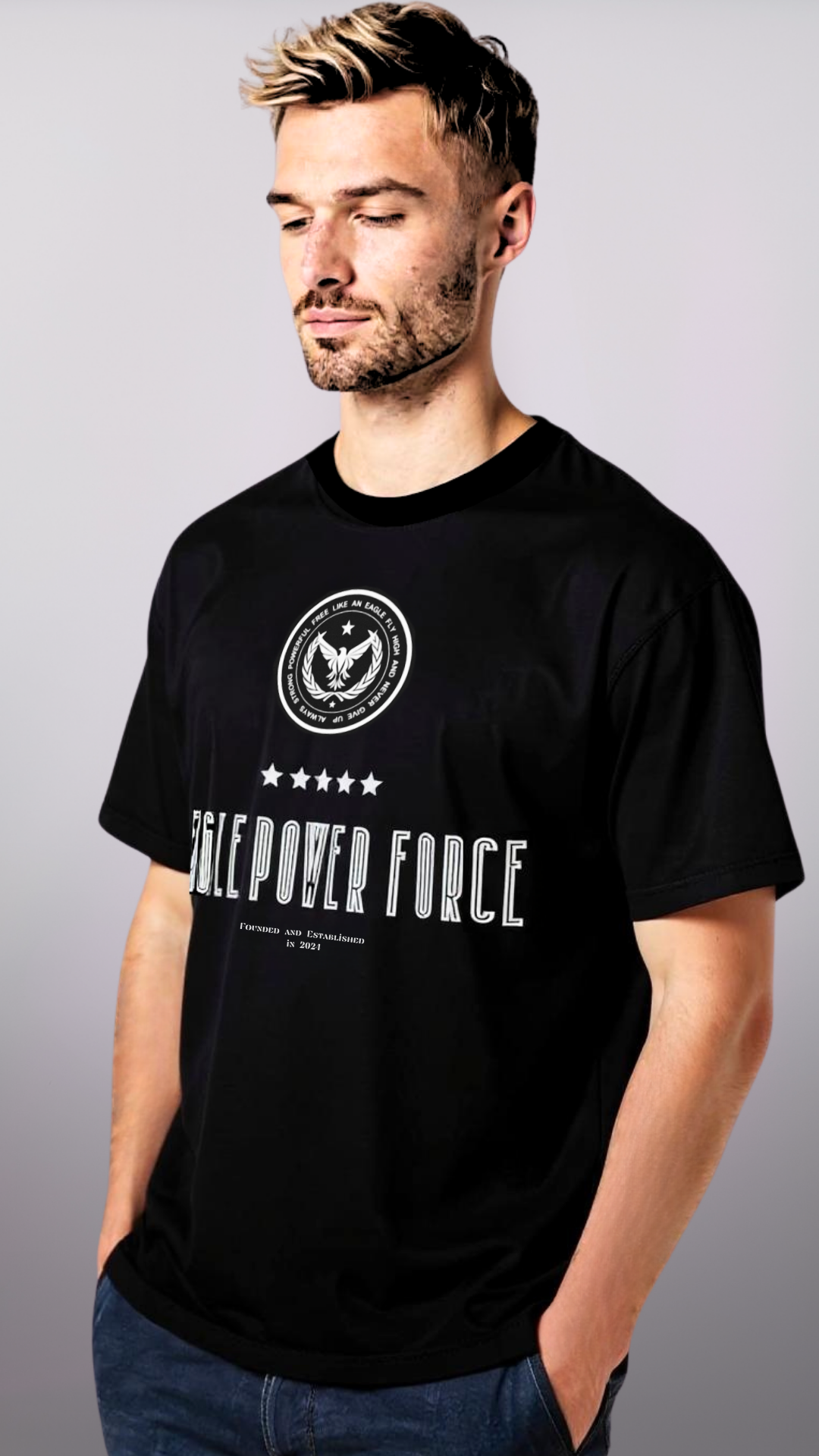 Man wearing a black t-shirt " Eagle Power Force'