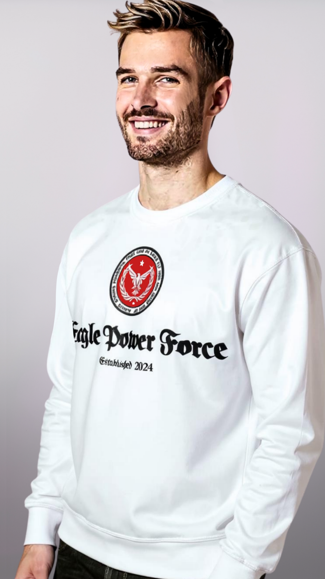 Man white sweatshirt Eagle Power Force