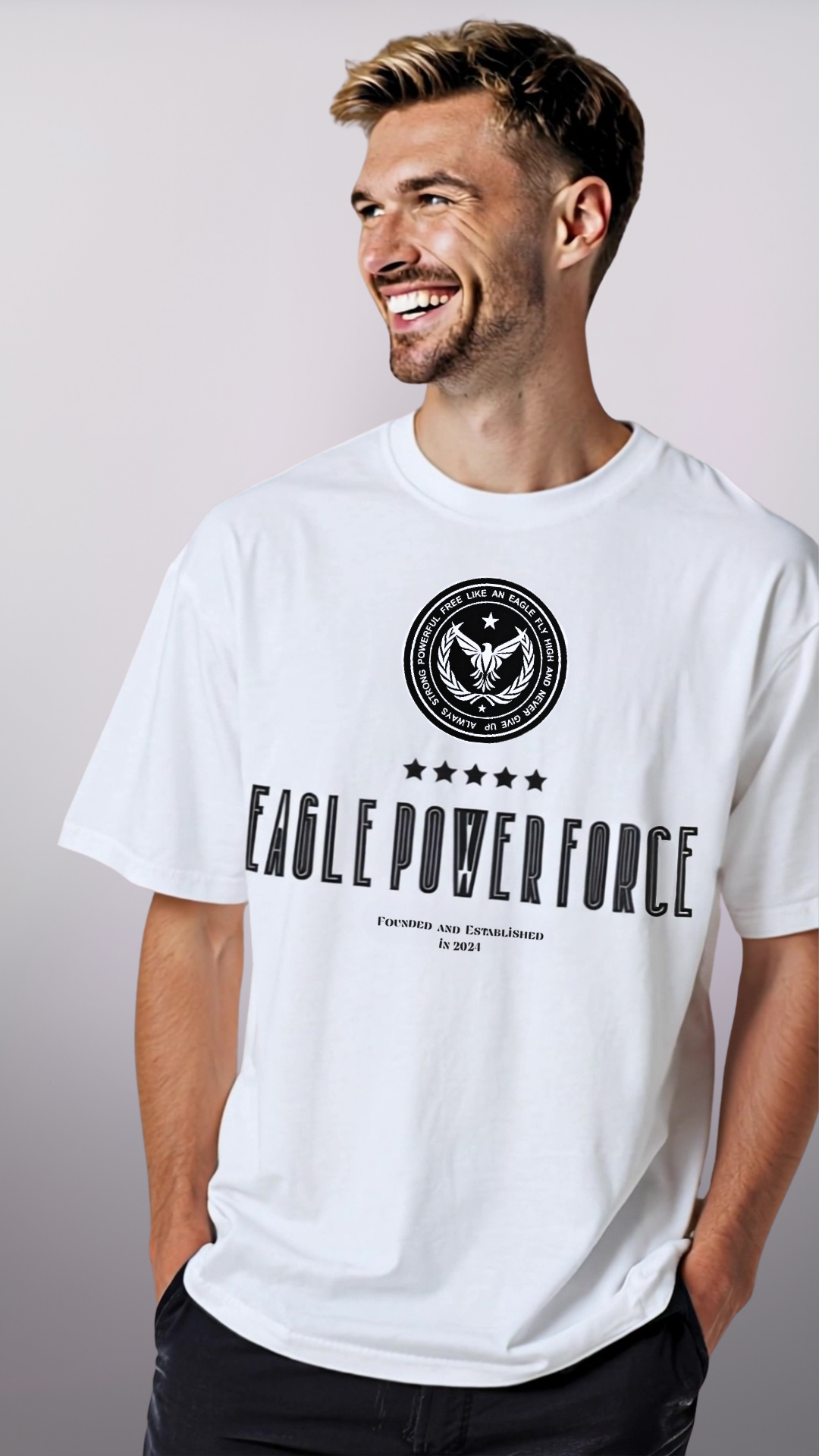 Man wearing a white t-shirt 'Eagle Power Force' 