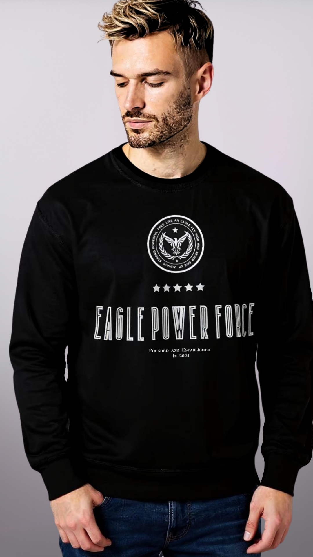 Man wearing a black sweatshirt with 'Eagle Power Force'