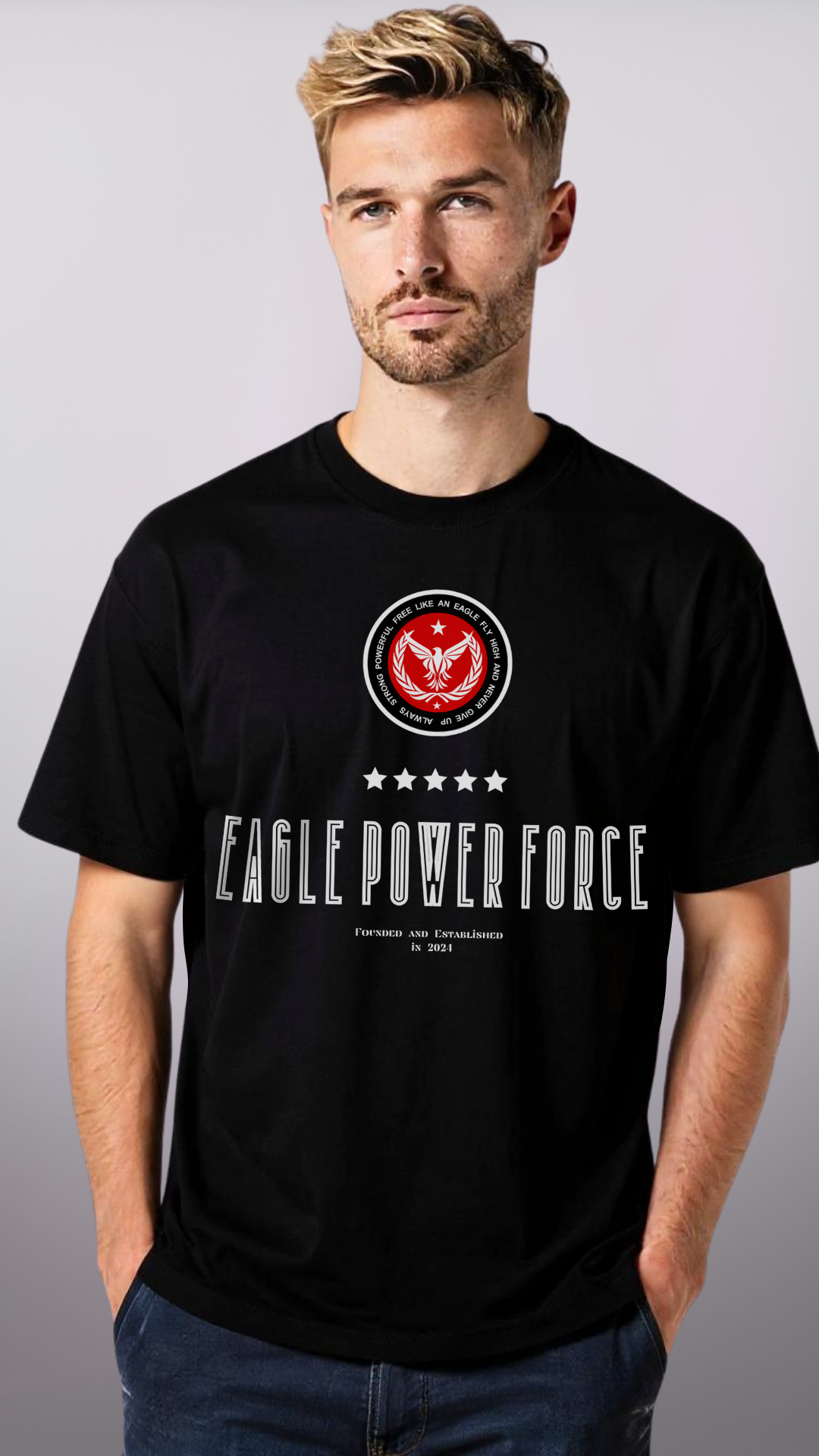Man wearing a black t-shirt 'Eagle Power Force' 