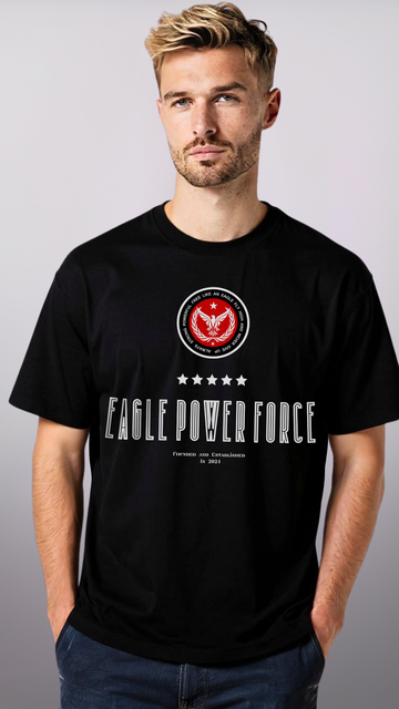 Man wearing a black t-shirt 'Eagle Power Force' 