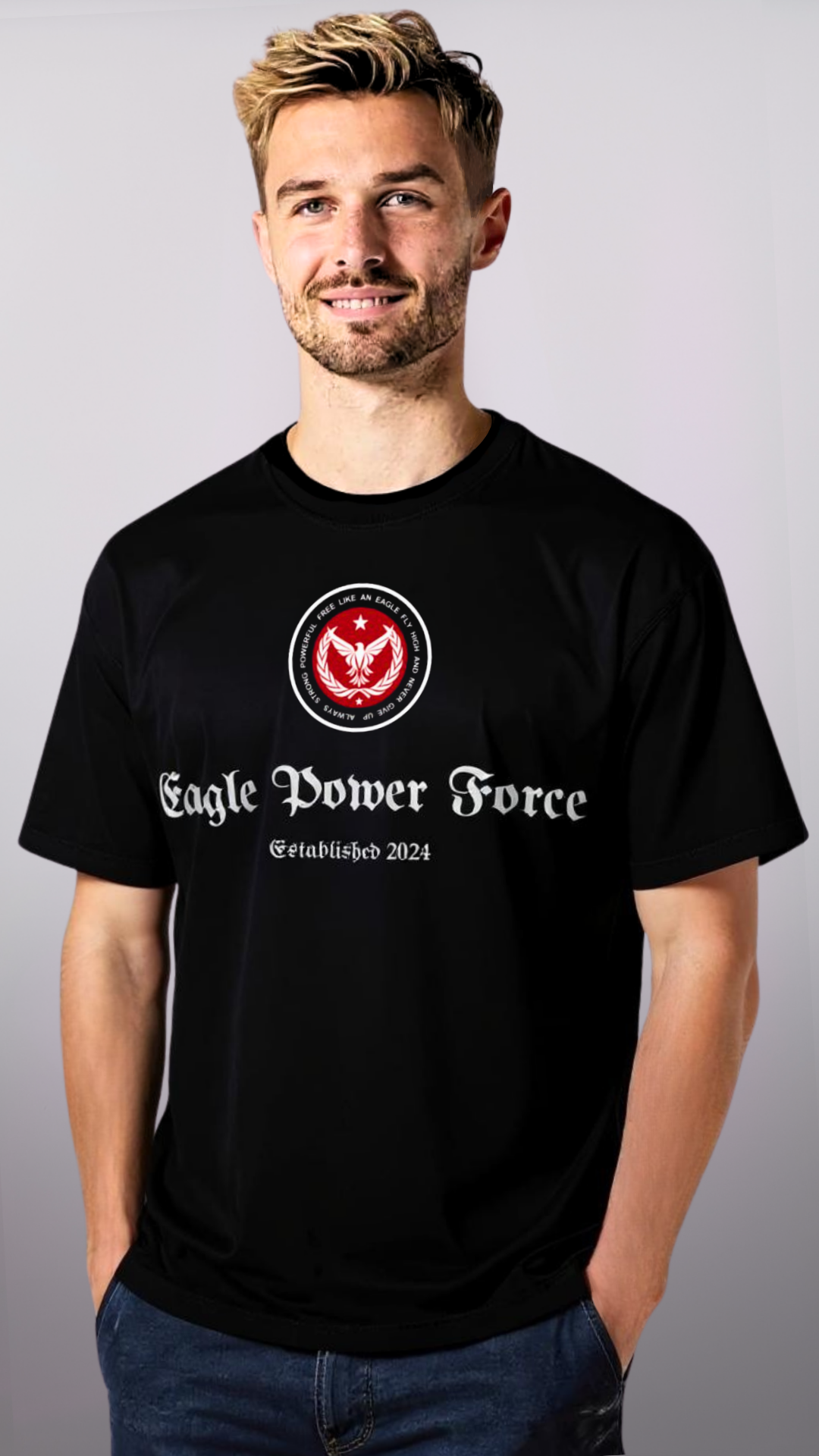 Man black t-shirt with 'Eagle Power Force'