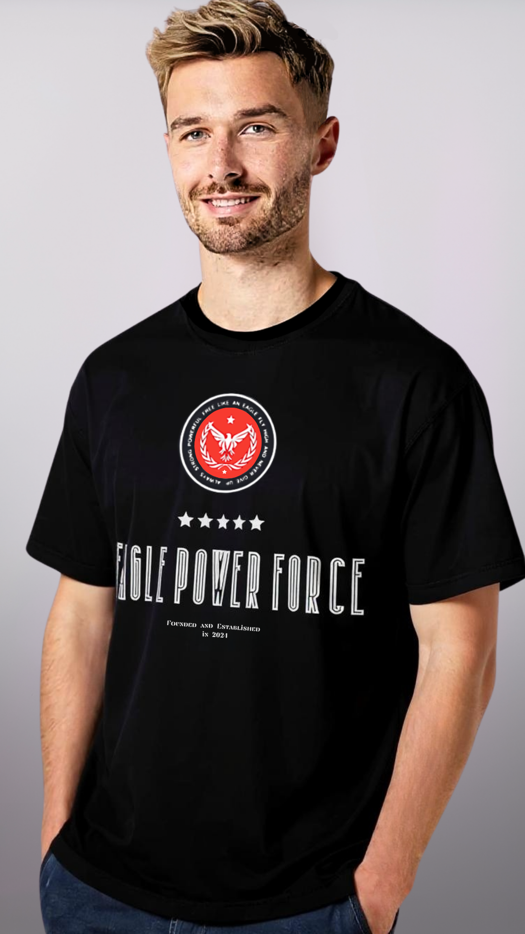 Man wearing a black t-shirt 'Eagle Power Force'