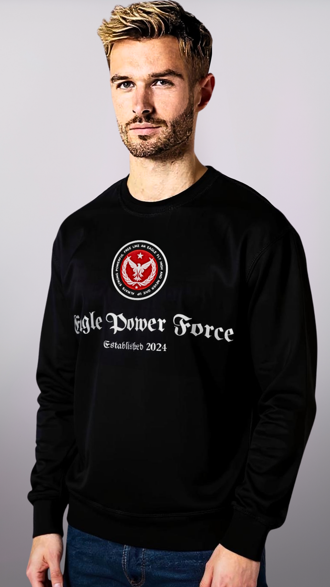 Man wearing a black sweatshirt 'Fable Power Force'
