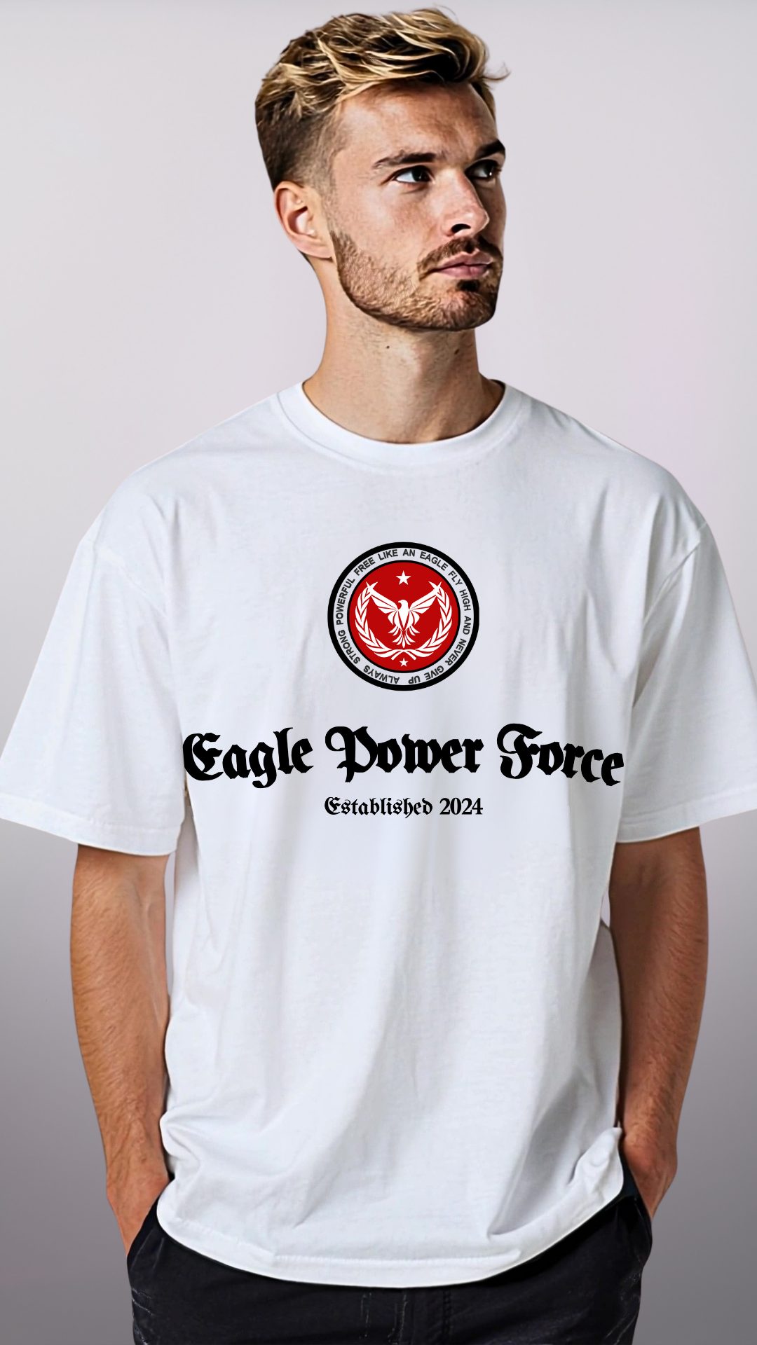 Men's white t-shirt with 'Eagle Power Force'