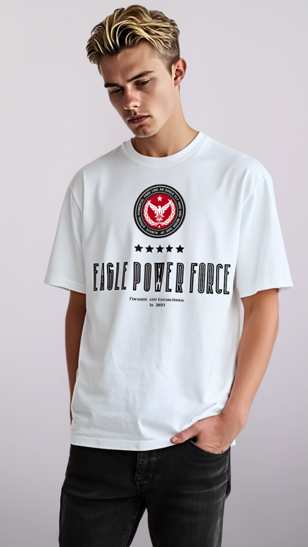 Front torso view – Eagle Power Force Boys’ white casual streetwear T-shirt EPF Edition R
