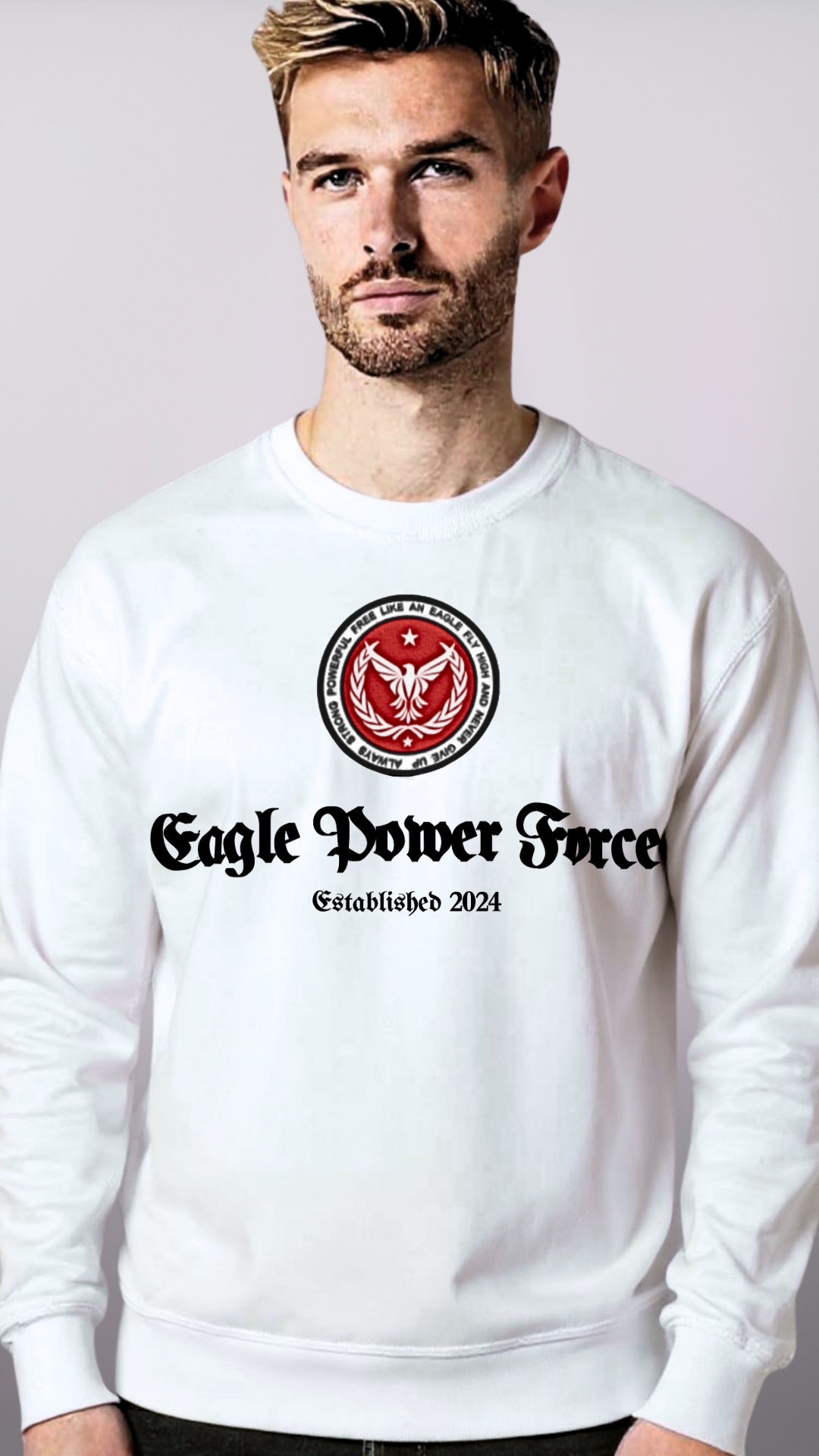 Man white sweatshirt with 'Eagle Power Force'