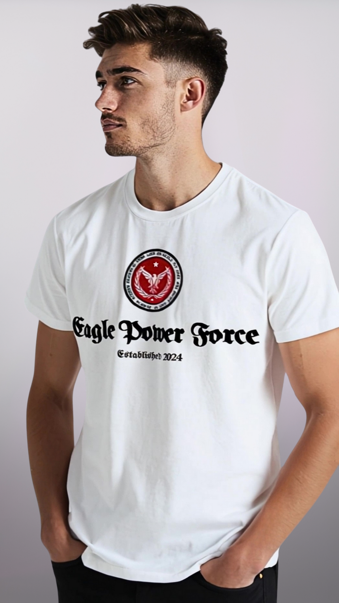 Boy wearing a white t-shirt with 'Eagle Power Force'