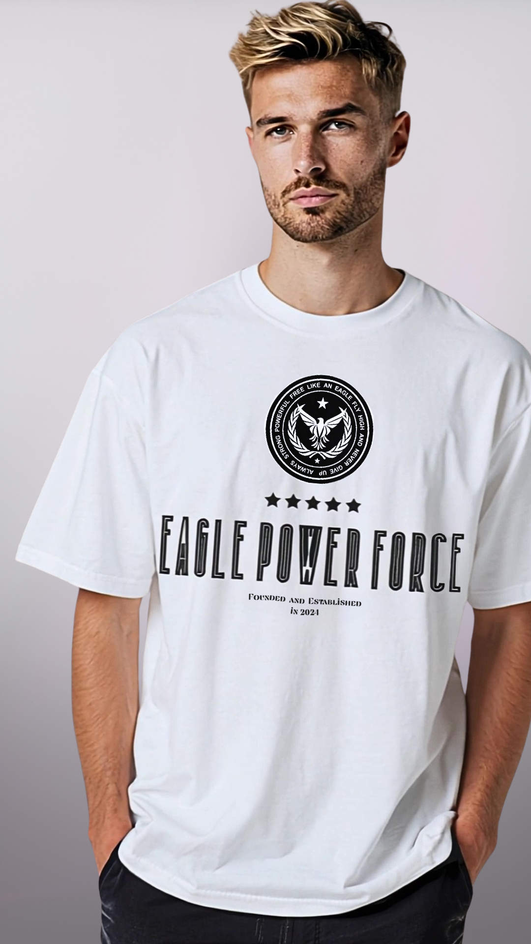Man wearing a white t-shirt 'Eagle Power Force'