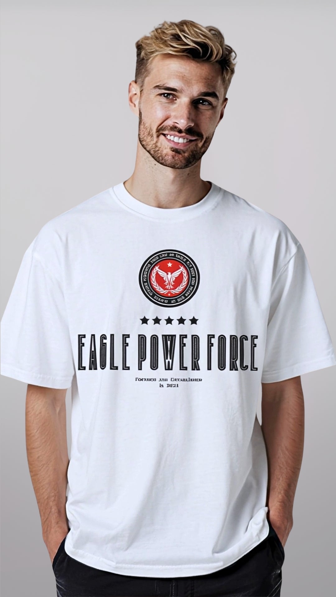 Man wearing a white t-shirt with 'Eagle Power Force' logo and text on a plain background