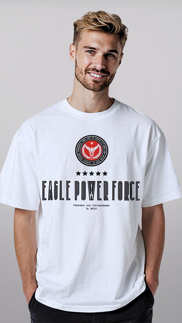 Man wearing a white t-shirt with 'Eagle Power Force' logo and text on a plain background