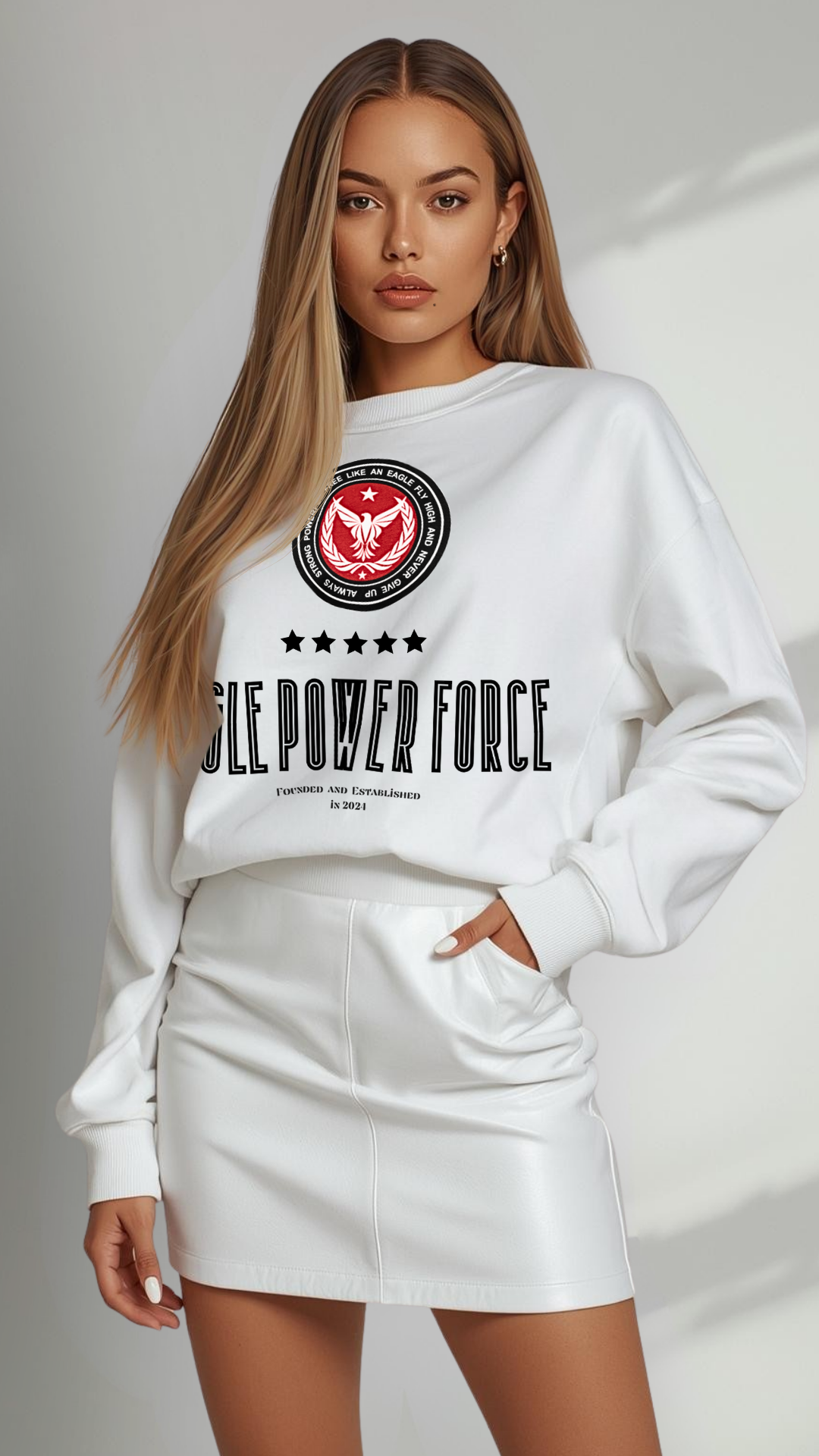 Woman wearing a white sweatshirt  'Eagle Power Force'