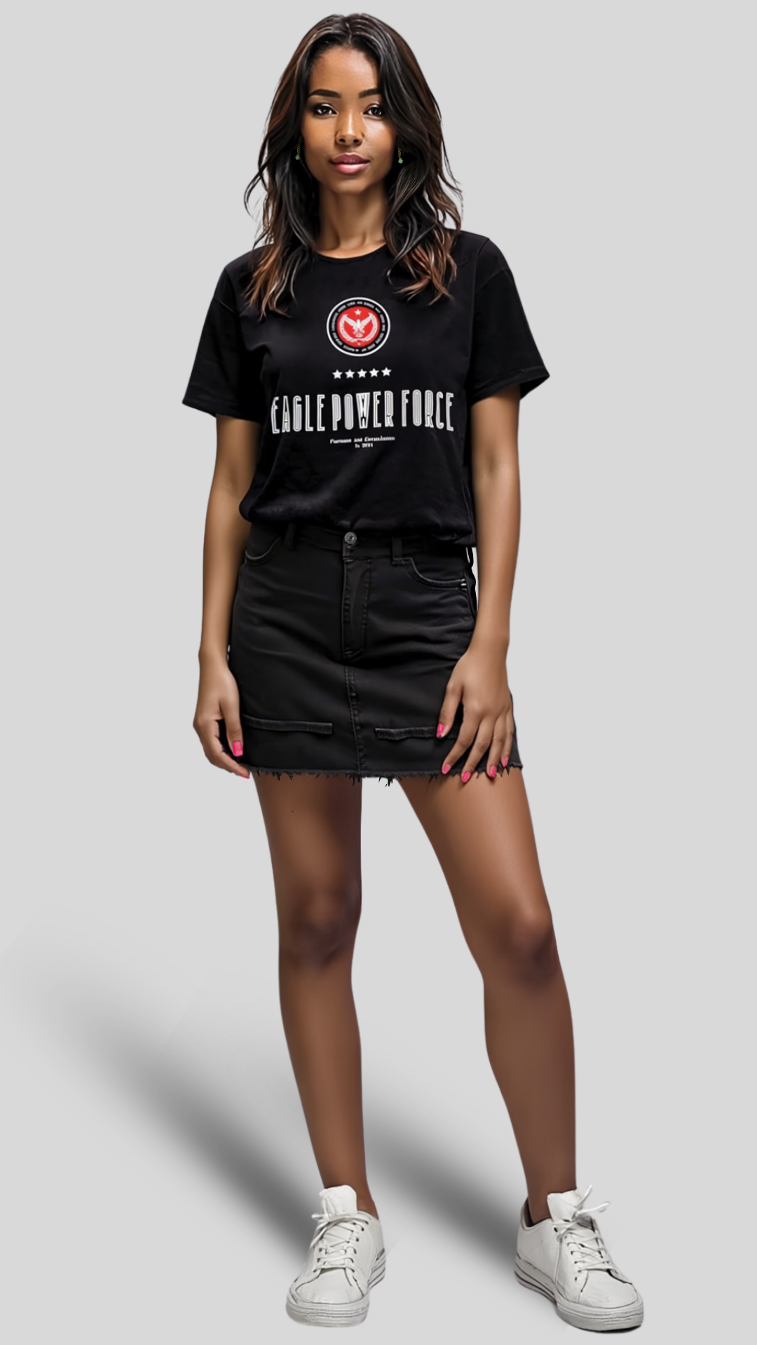 Full body view – Eagle Power Force Girls’ black streetwear T-shirt EPF Edition R, oversized boxy fit